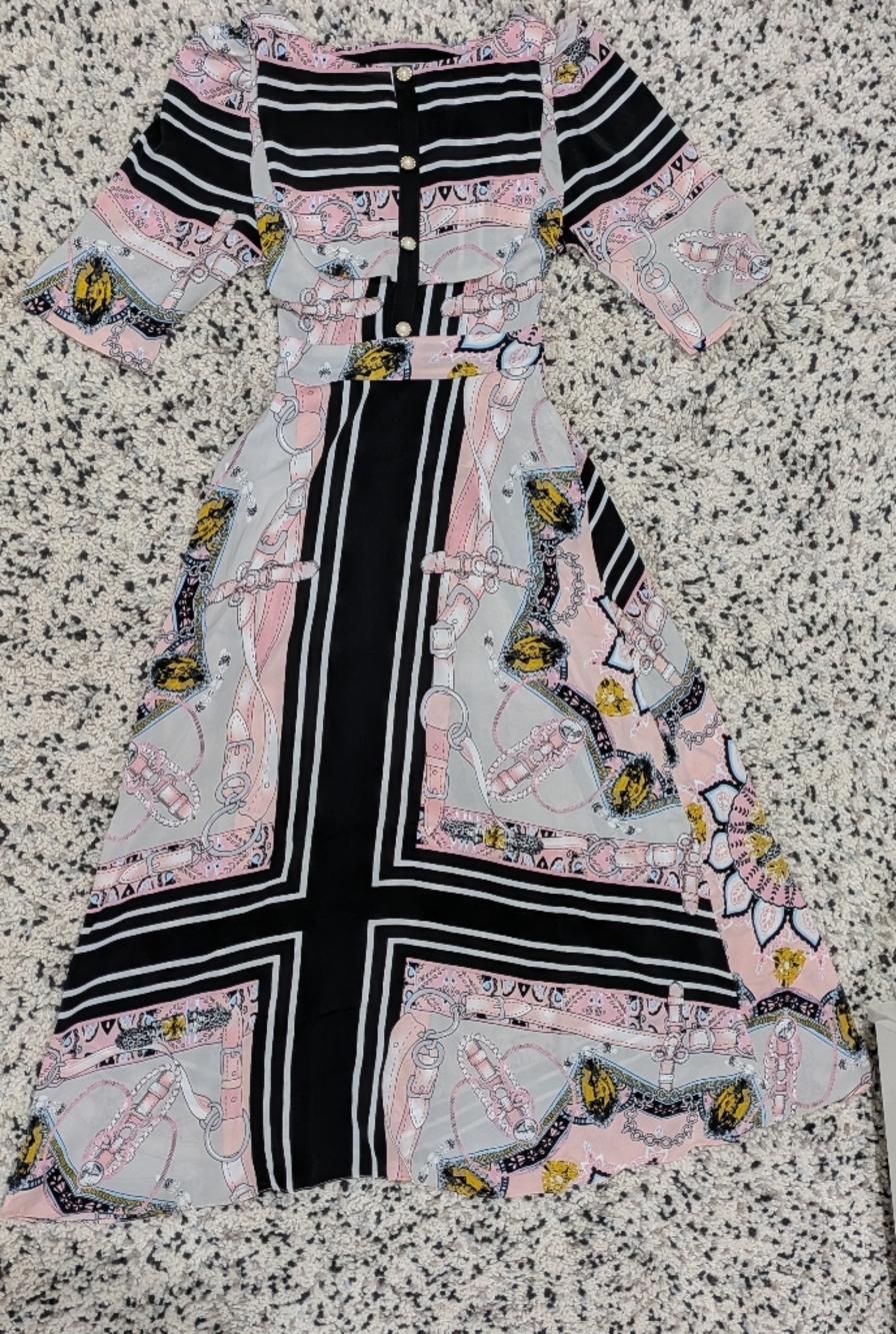 Elegant Equestrian Print Midi Dress - Pink & Black With‎ Pearl Accents Size 4